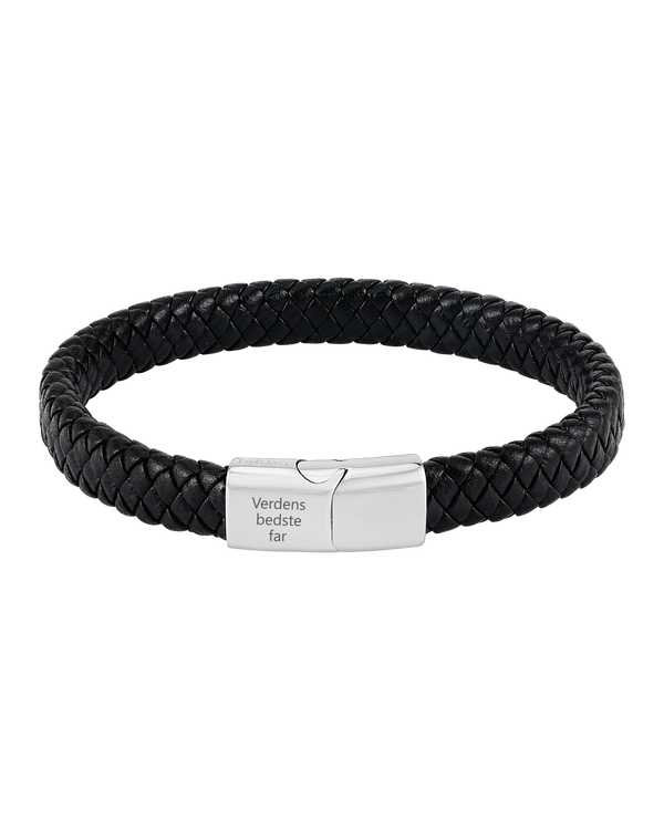 RAY læderarmbånd fra byRavn i sort flettet læder med magnetlås i stål og graveringen "Verdens bedste far"