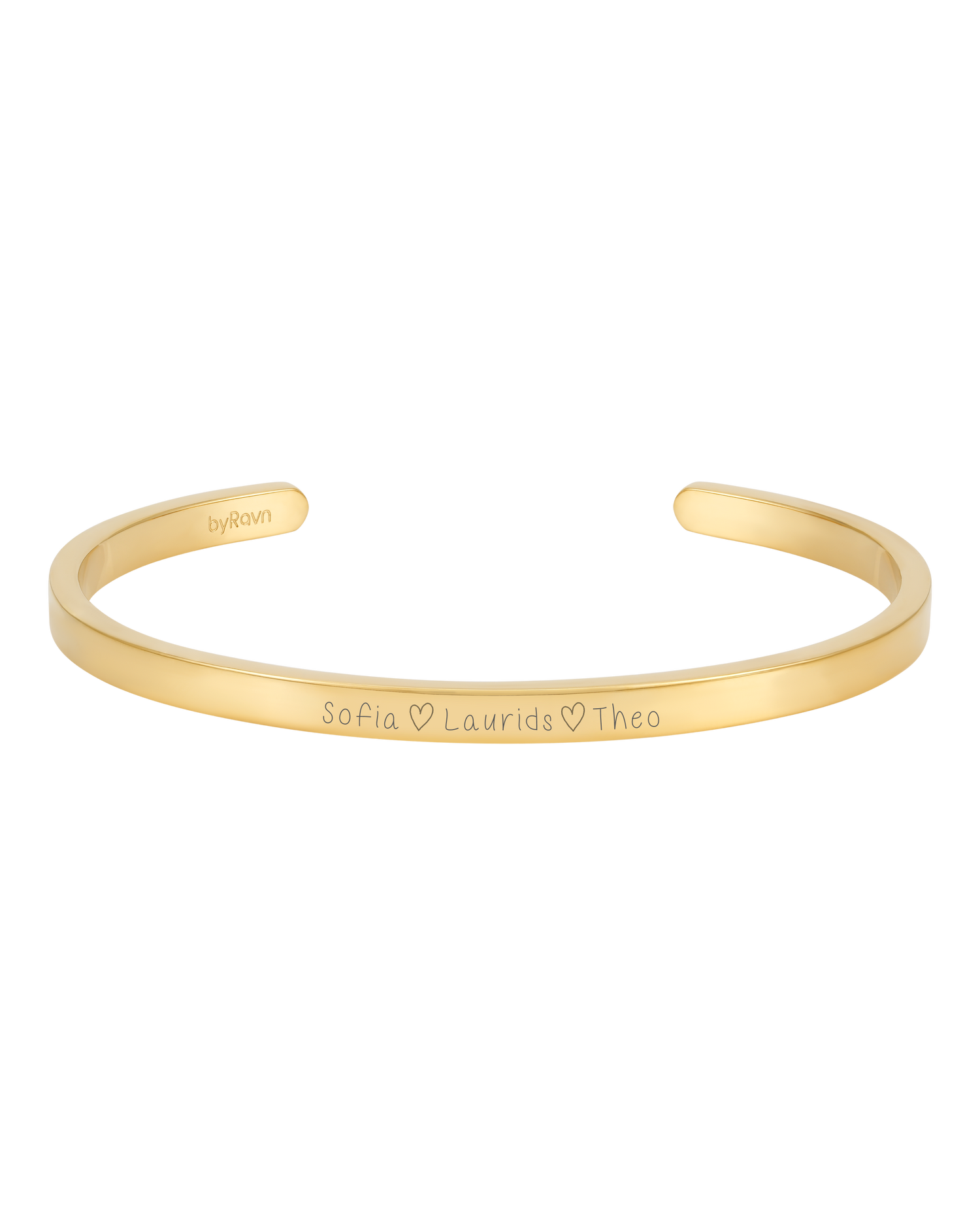 Armbånd til kvinder – VENUS åbent armbånd i guldbelagt stål med navnene "Sofia ♡ Laurids ♡ Theo" graveret