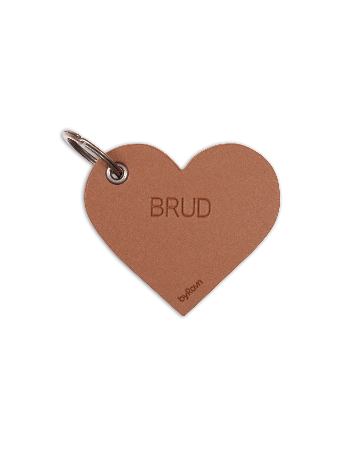 GALLA bordkort fra byRavn i cognac læder formet som hjerte med graveringen "Brud" og nøglering i metal