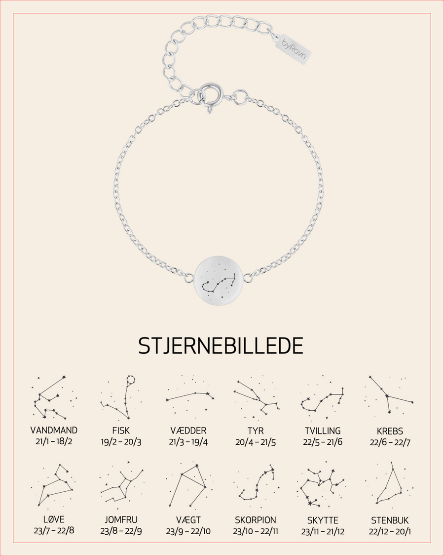 IBI STAR armbånd i sølvfarvet rustfrit stål med stjernebillede graveret, vist med oversigt over alle 12 stjernebilleder