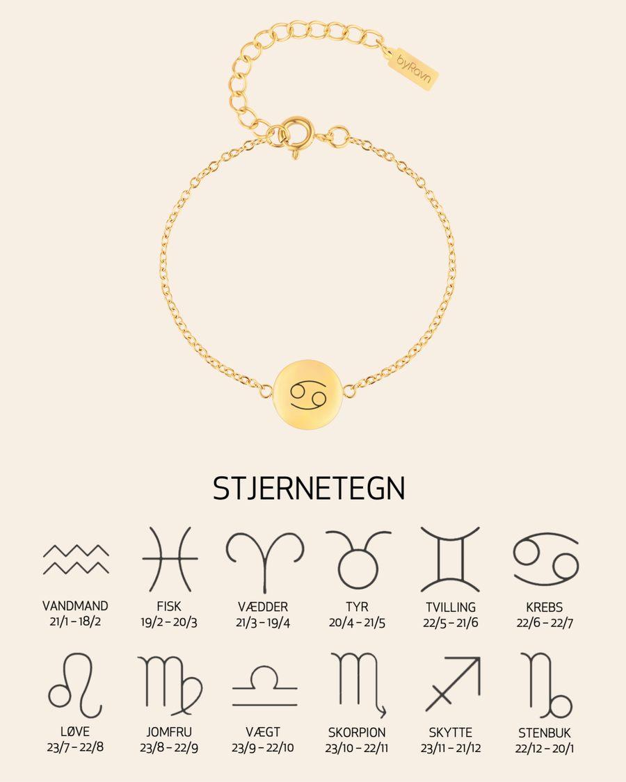 IBI STAR armbånd i guldbelagt stål med stjernetegnet Krebsen graveret, vist med oversigt over alle 12 stjernetegn