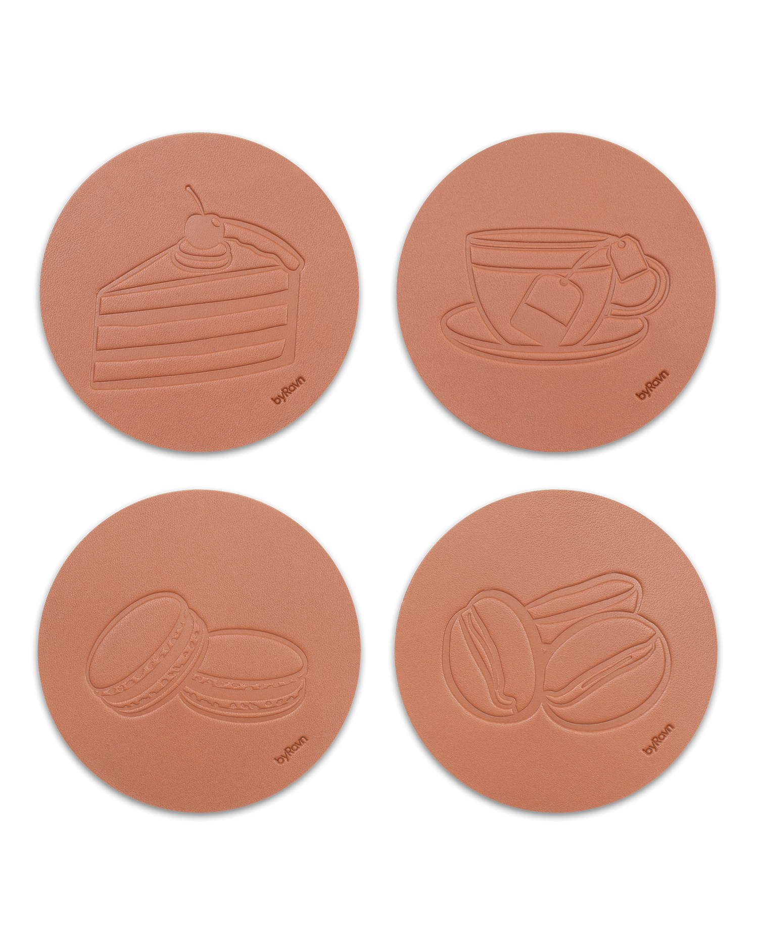 MOKKA kaffe & kage bordskånere fra byRavn i cognac læder, 4 motiver: lagkage, tekop, macarons og kaffebønner