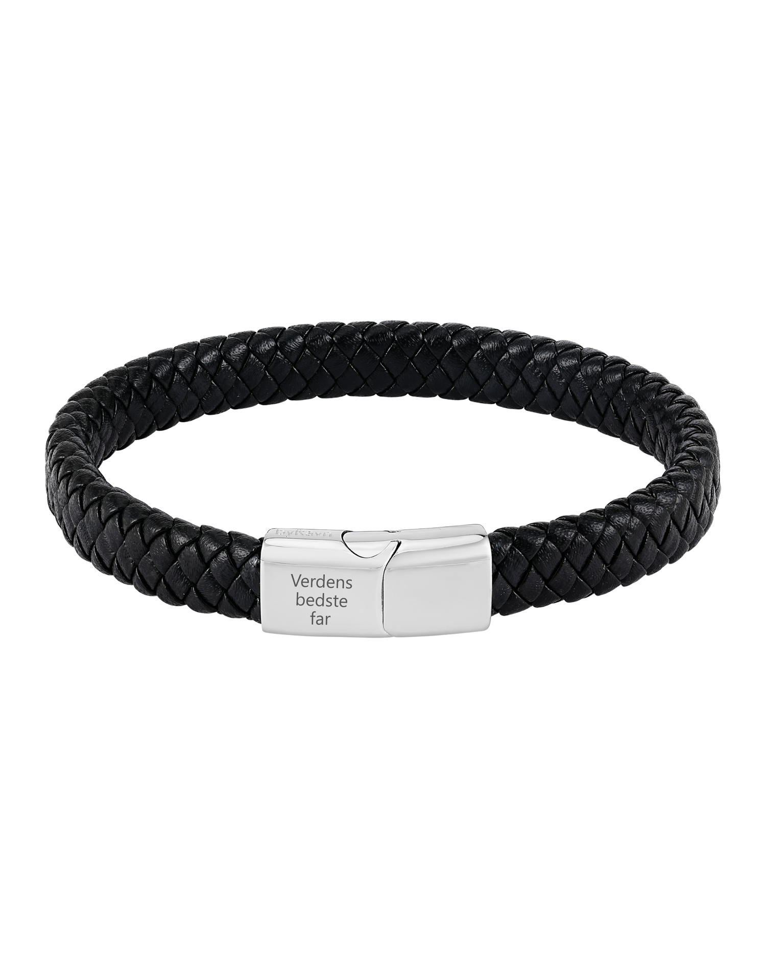 RAY læderarmbånd fra byRavn i sort flettet læder med magnetlås i stål og graveringen "Verdens bedste far"