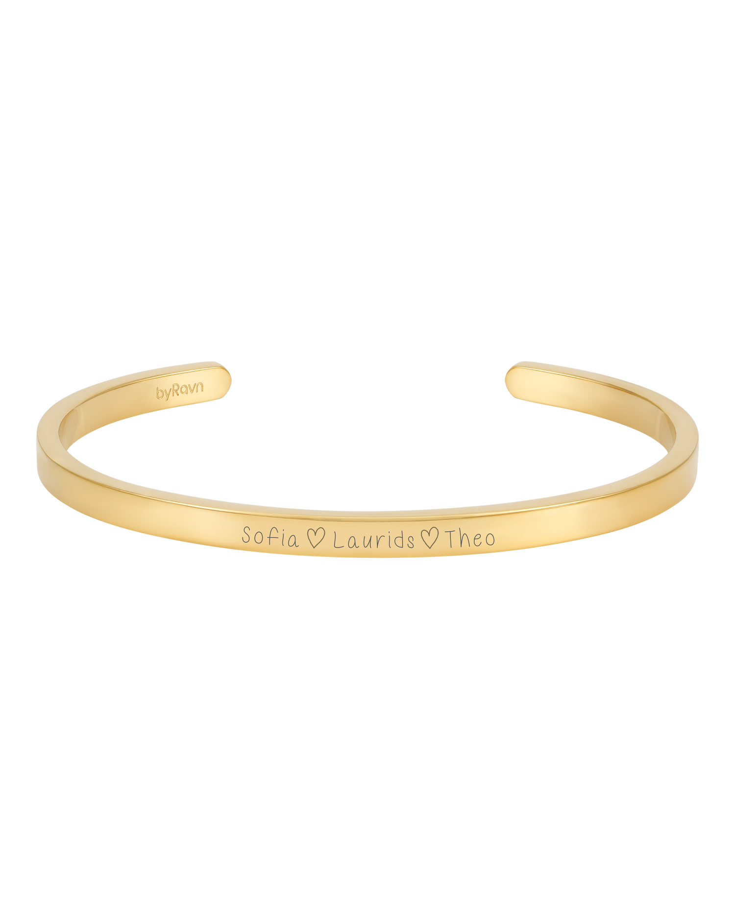 VENUS SCRIPT armbånd fra byRavn i guldbelagt stål med håndskrevet gravering "Sofia ♡ Laurids ♡ Theo"
