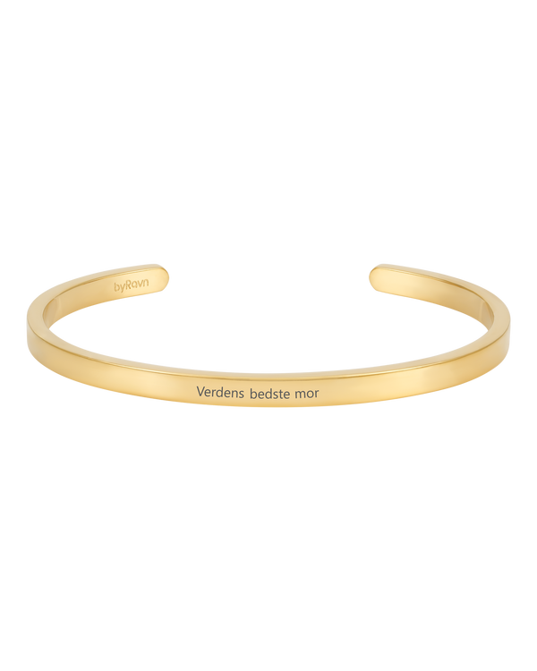 VENUS armbånd fra byRavn i guldbelagt stål, åben armring med graveringen "Verdens bedste mor"